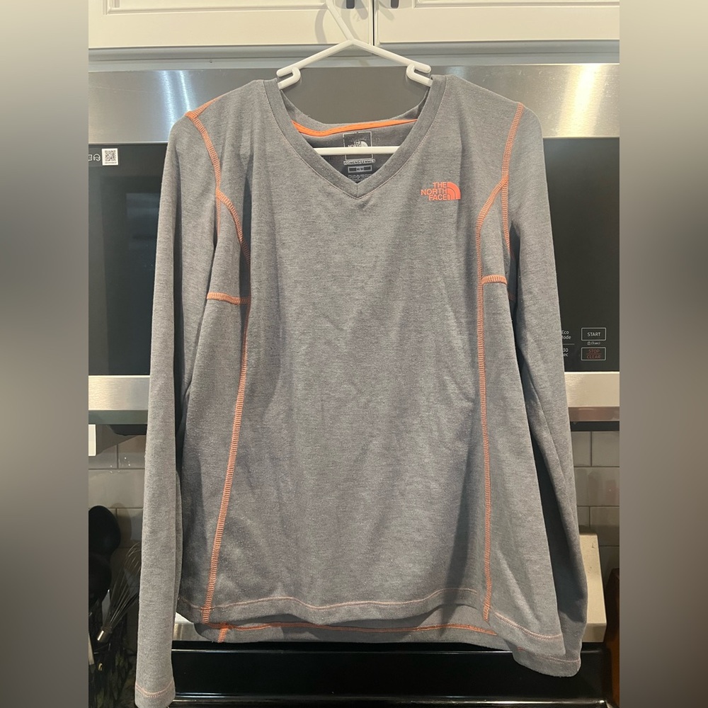 The North Face Women’s Long Sleeve V-Neck Tee — Gray with Orange Stitching